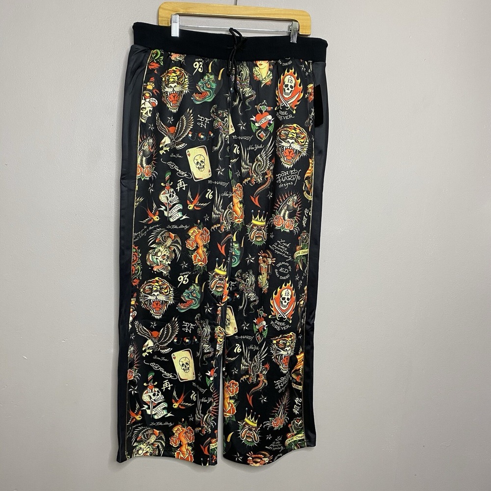 Ed Hardy Flashboard Track Pant Black Gold Embroidered Size XL Tiger Skull Print
